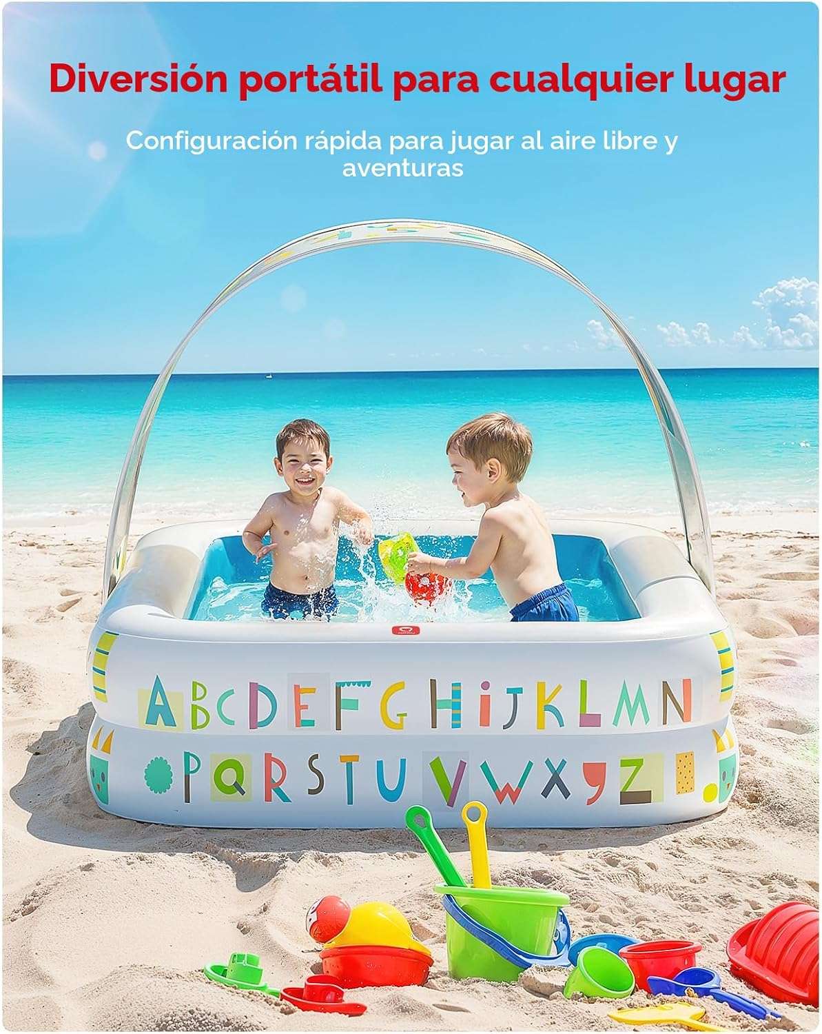 piscina inflable azul para bebés de 165 cm con toldo parasol y piso acolchado