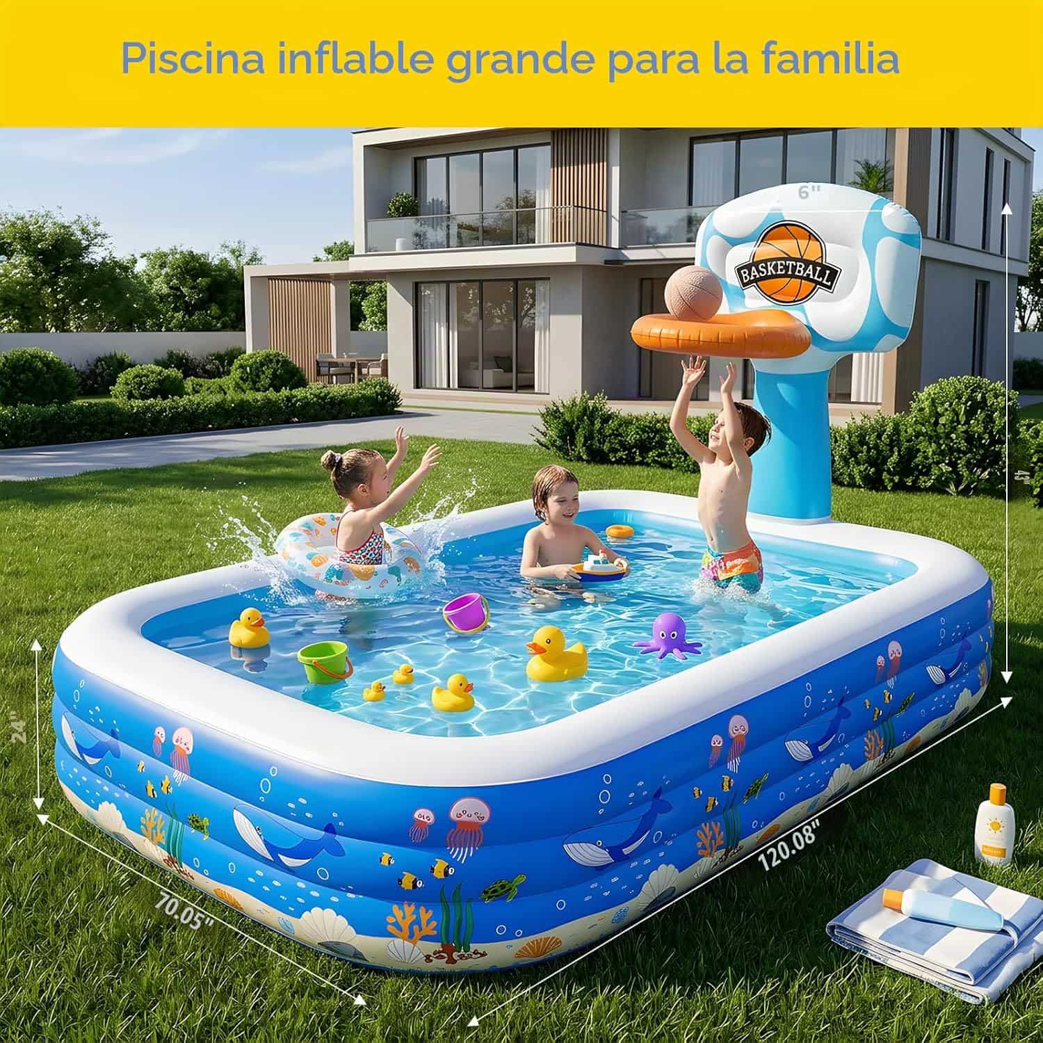 piscina inflable familiar grande rectangular de 304 cm con fondo acolchado