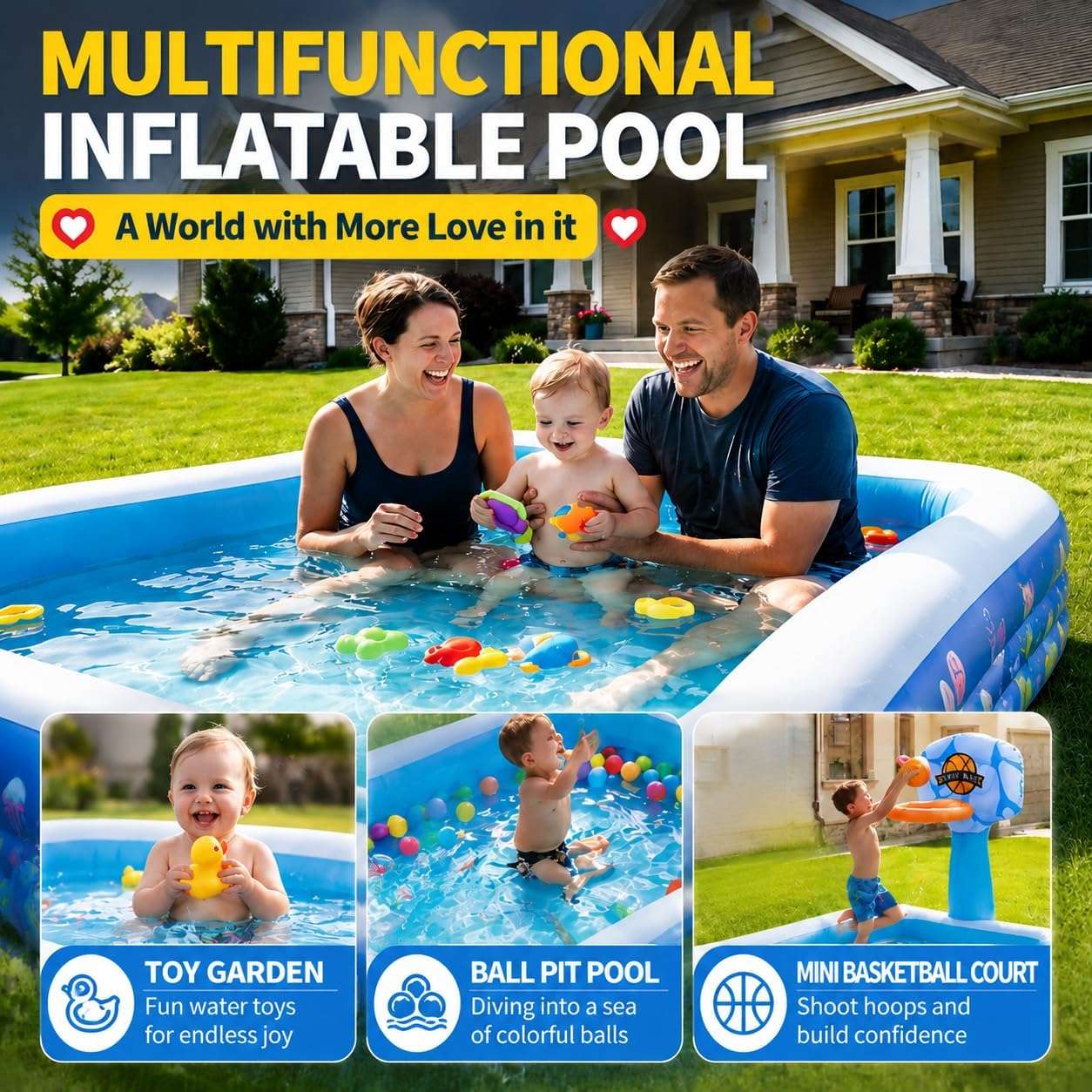 piscina inflable familiar grande rectangular de 304 cm con fondo acolchado