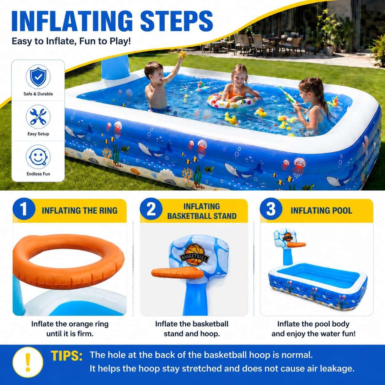piscina inflable familiar grande rectangular de 304 cm con fondo acolchado