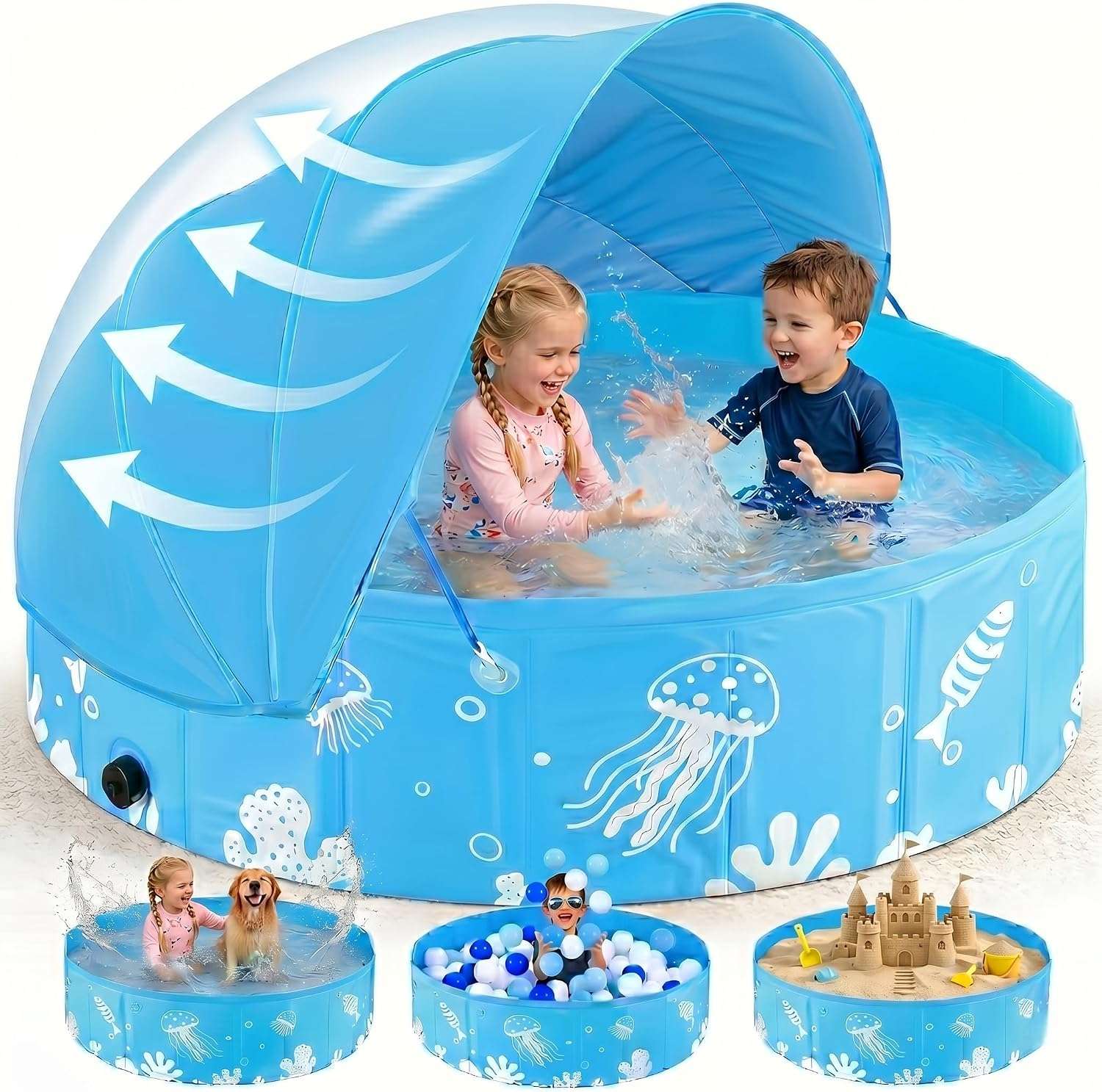 piscina plegable rígida de 119 cm con toldo UPF 50+ y plástico grueso para niños
