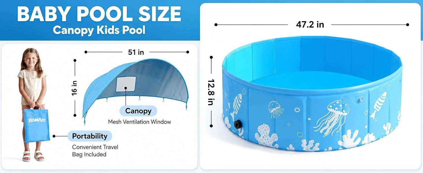 piscina plegable rígida de 119 cm con toldo UPF 50+ y plástico grueso para niños