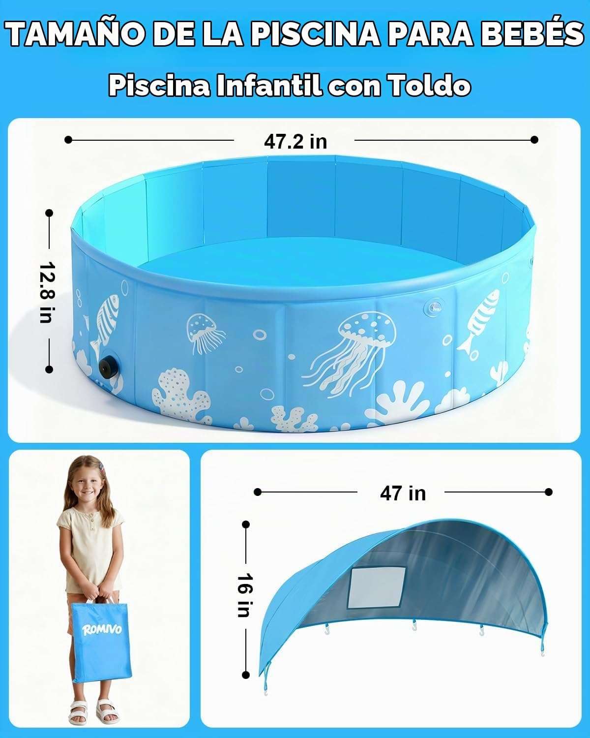 piscina plegable rígida de 119 cm con toldo UPF 50+ y plástico grueso para niños