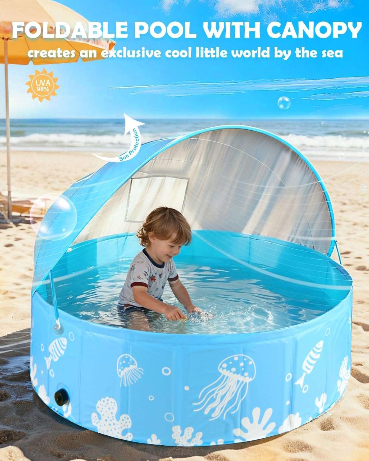 piscina plegable rígida de 119 cm con toldo UPF 50+ y plástico grueso para niños