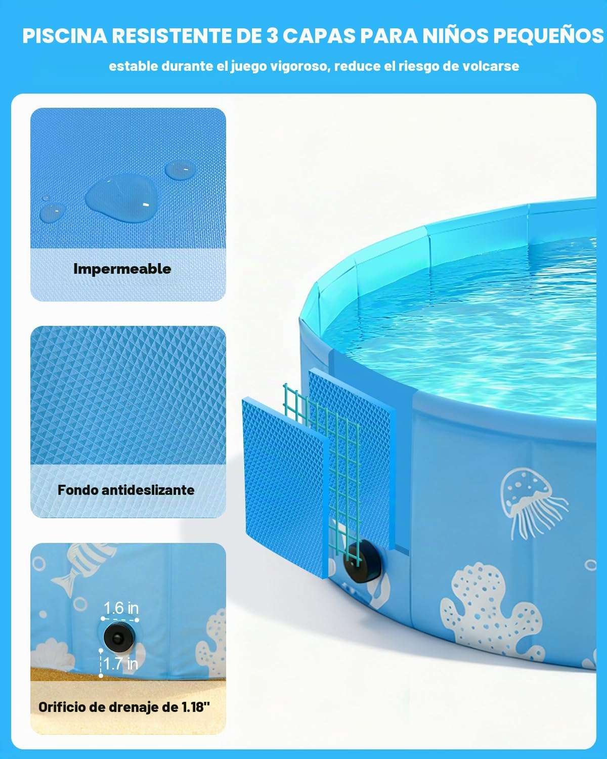 piscina plegable rígida de 119 cm con toldo UPF 50+ y plástico grueso para niños