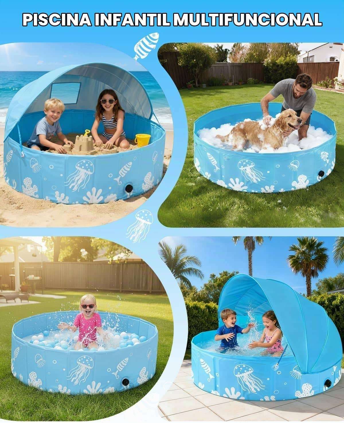 piscina plegable rígida de 119 cm con toldo UPF 50+ y plástico grueso para niños