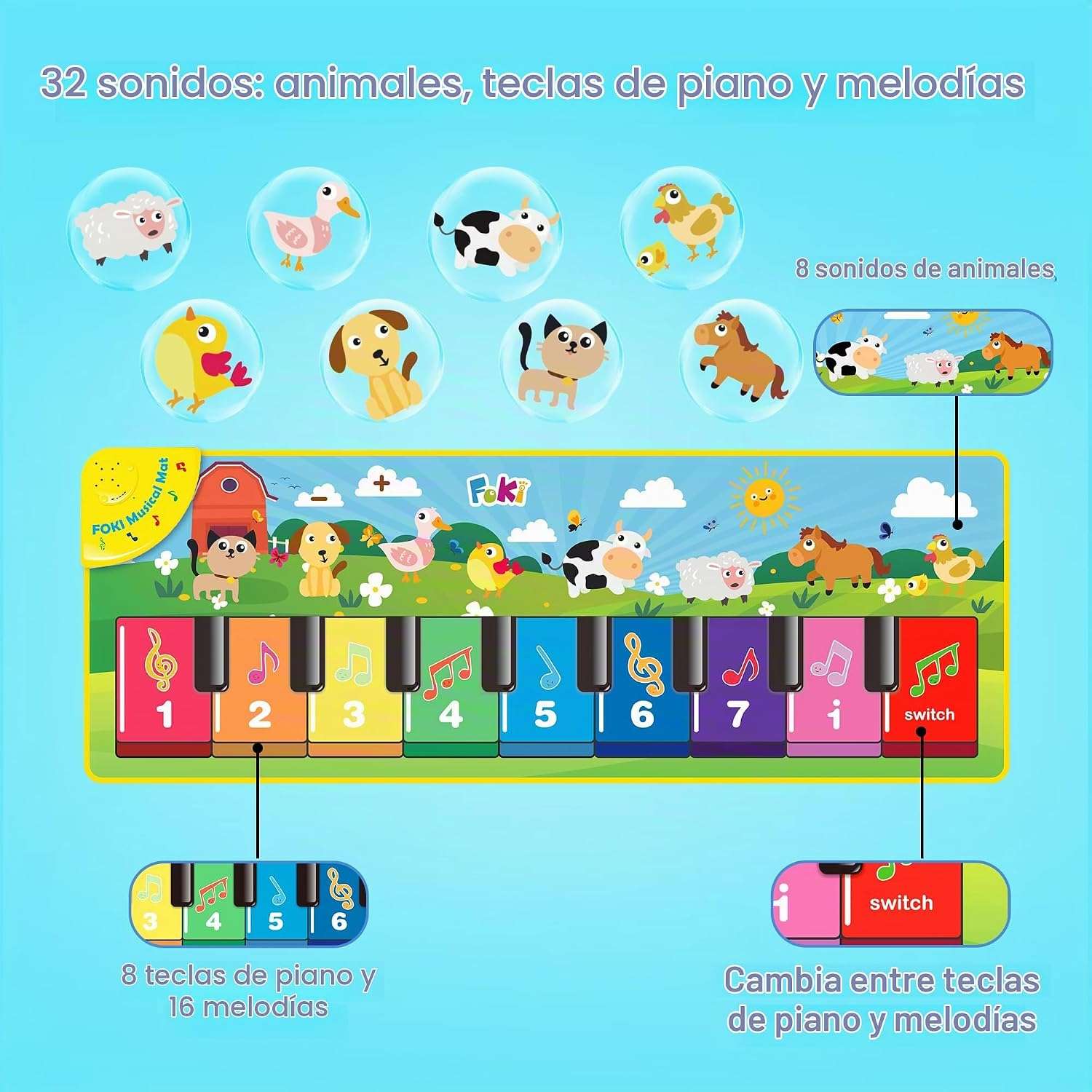 alfombra de piano musical de suelo con sonidos de animales y luces para niños