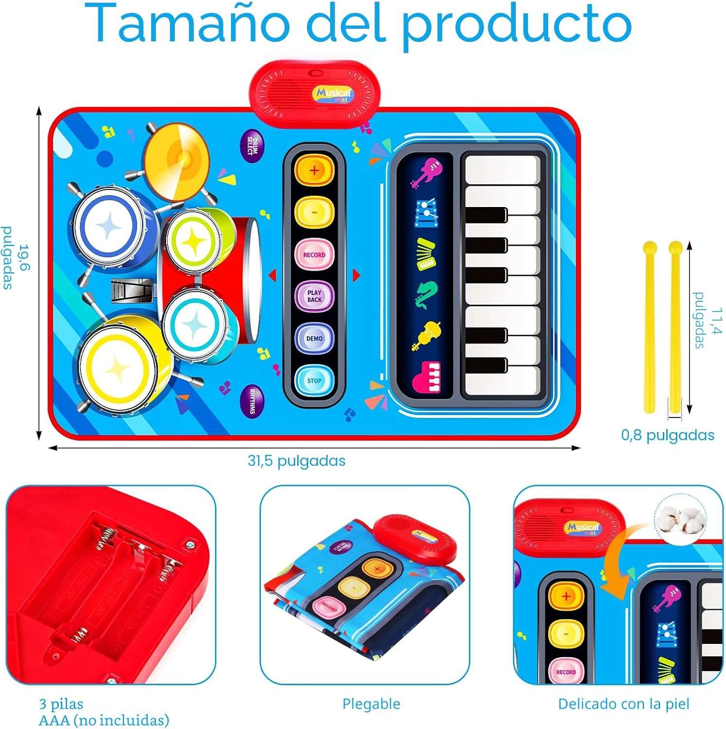 alfombra musical de piano y tambor 2 en 1 con sensibilidad táctil para bebés y niños