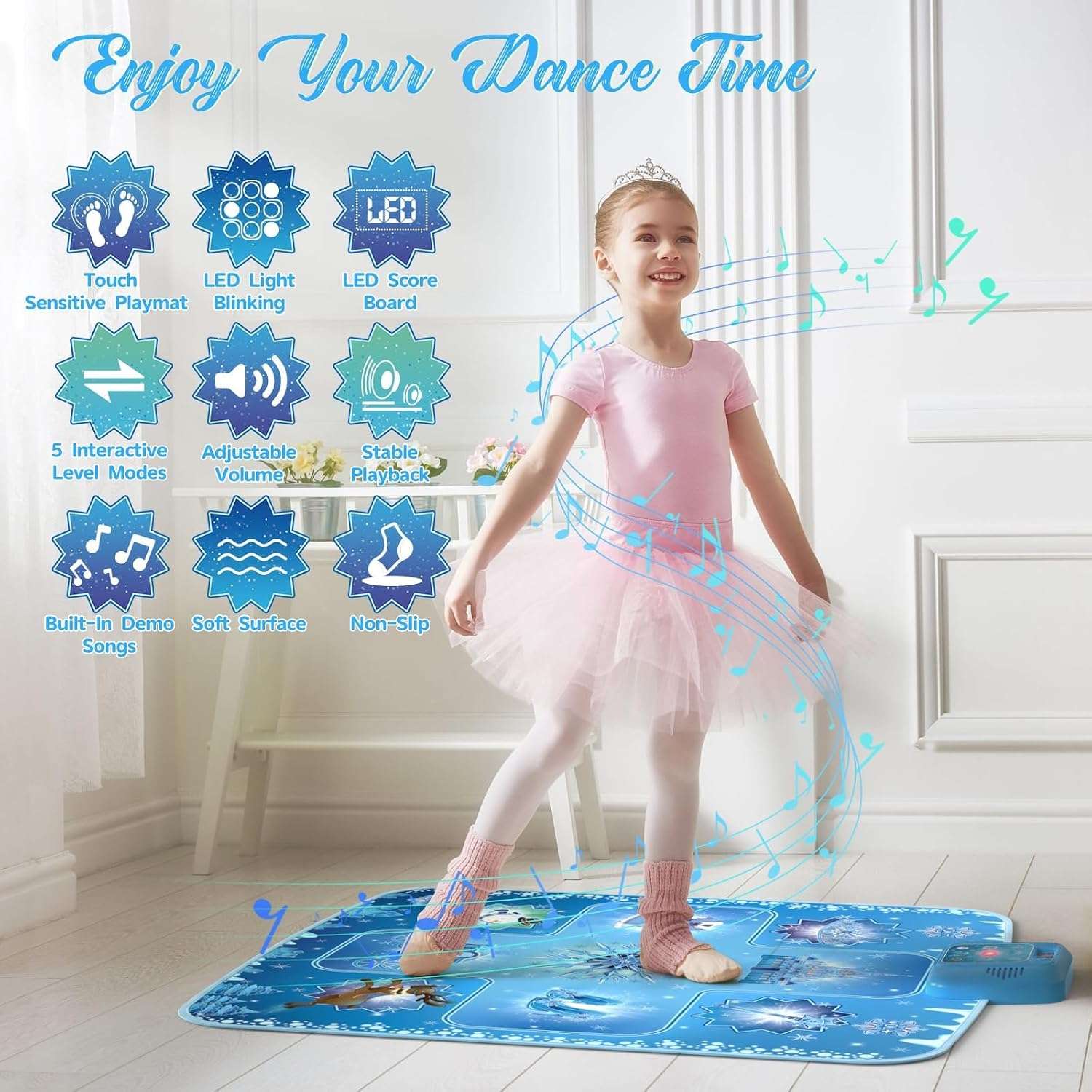 alfombrilla de baile temática de Frozen con luces LED y modos interactivos para niñas