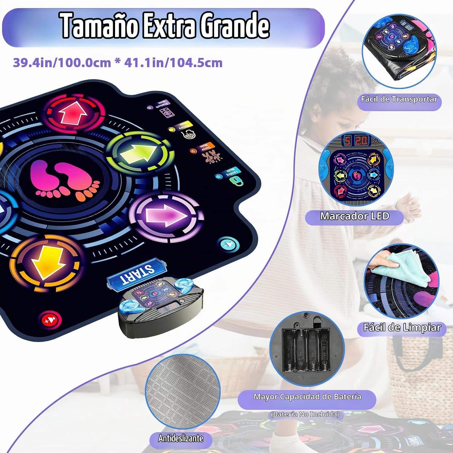 alfombrilla de baile electrónica con luces, Bluetooth y pantalla LED para niños