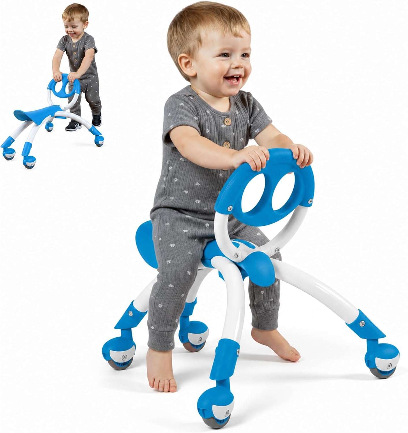andador y correpasillos YBike Pewi azul con ruedas giratorias para bebés