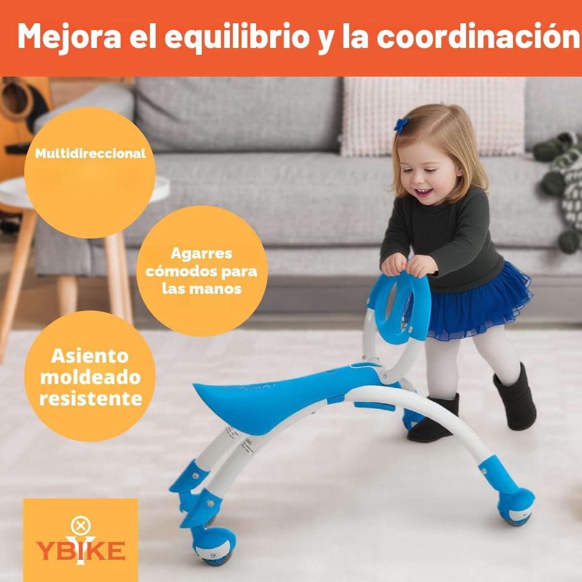 andador y correpasillos YBike Pewi azul con ruedas giratorias para bebés