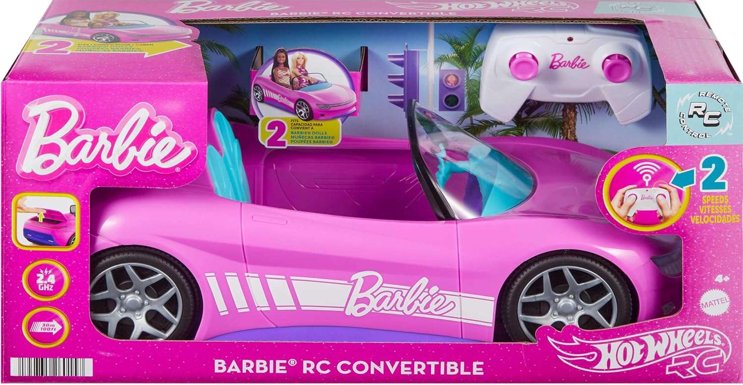 auto a control remoto hot wheels barbie convertible rosa con maletero