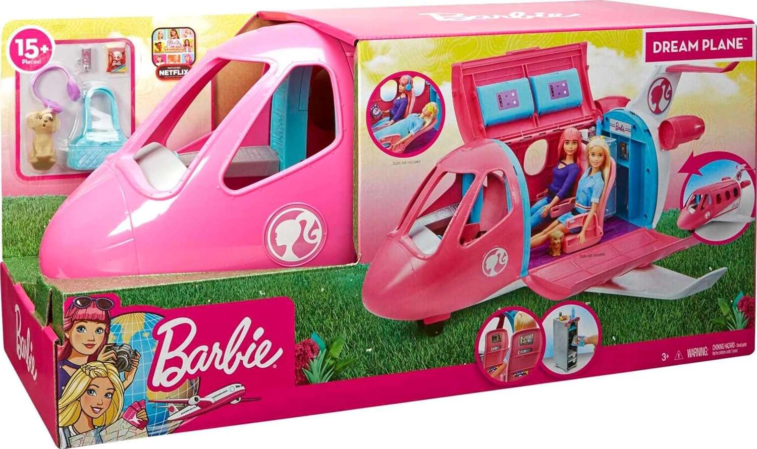 avión de barbie dreamplane con accesorios, cachorro y asientos reclinables