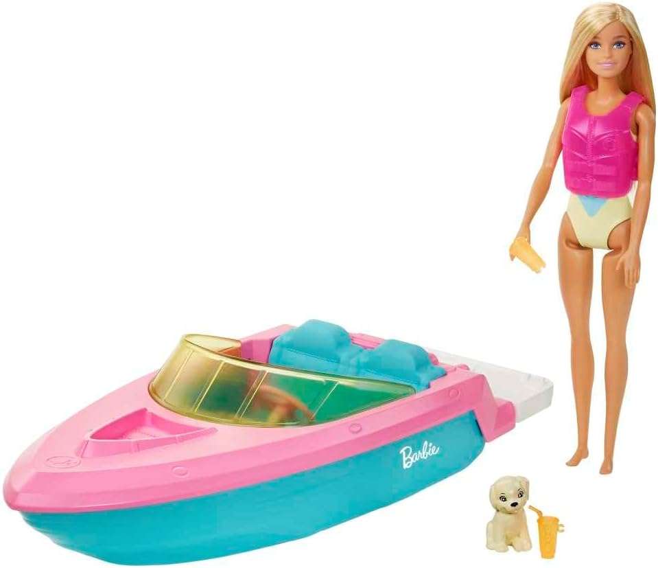 barco de barbie que flota en el agua con muñeca, cachorro y accesorios