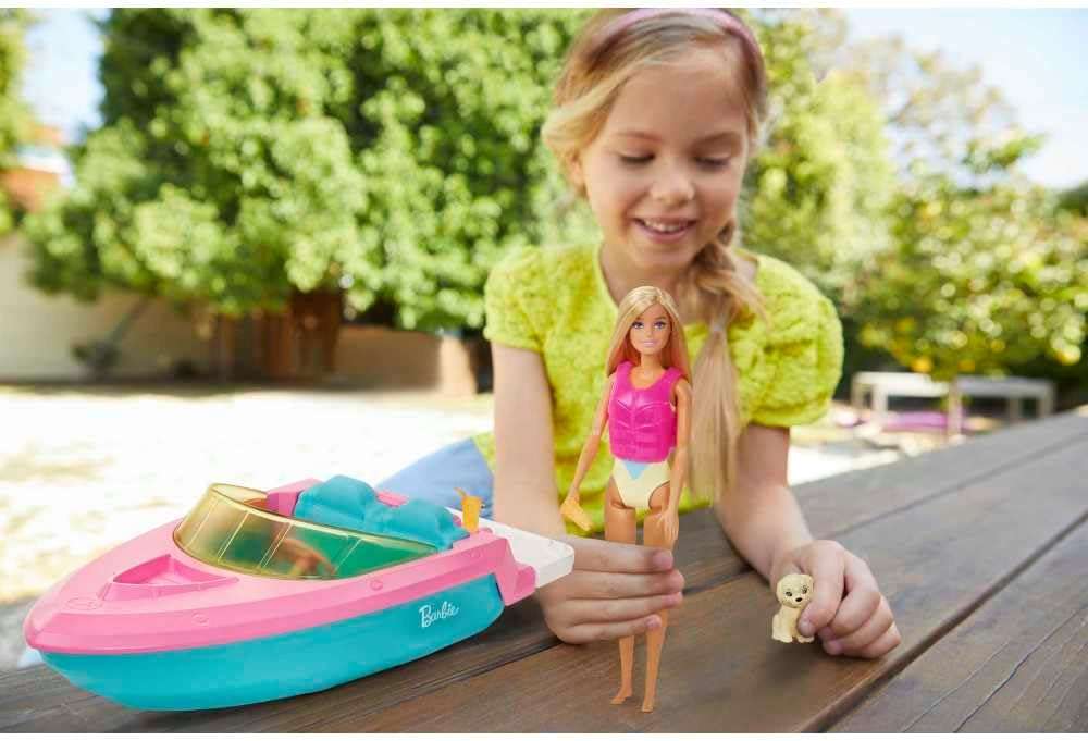 barco de barbie que flota en el agua con muñeca, cachorro y accesorios