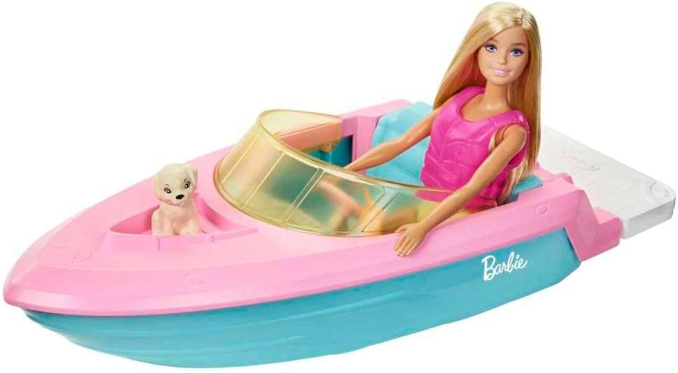 barco de barbie que flota en el agua con muñeca, cachorro y accesorios