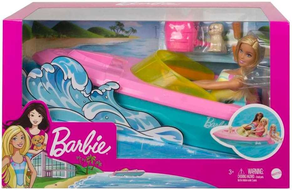 barco de barbie que flota en el agua con muñeca, cachorro y accesorios