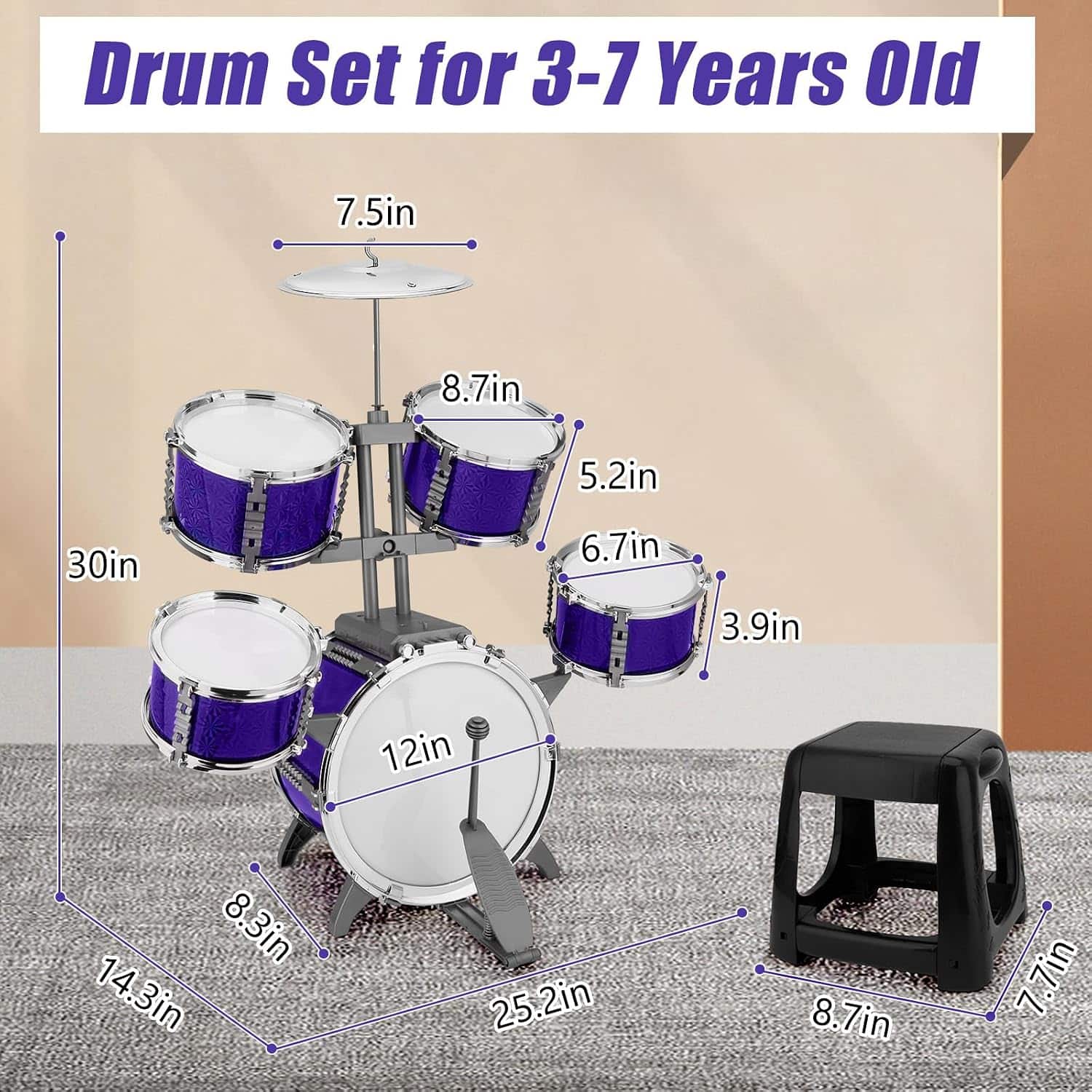 batería de jazz de juguete de 5 piezas con taburete y platillos para niños
