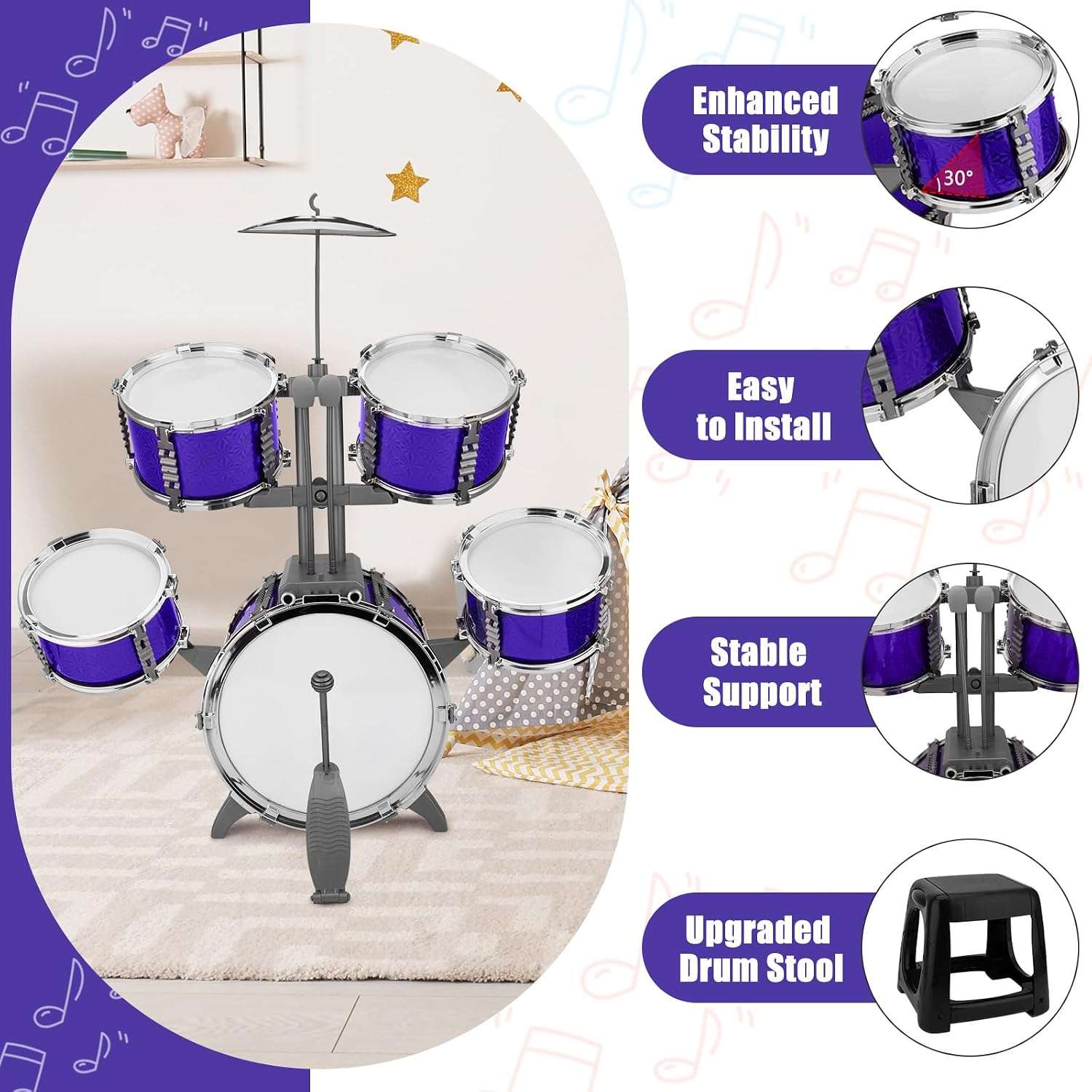 batería de jazz de juguete de 5 piezas con taburete y platillos para niños