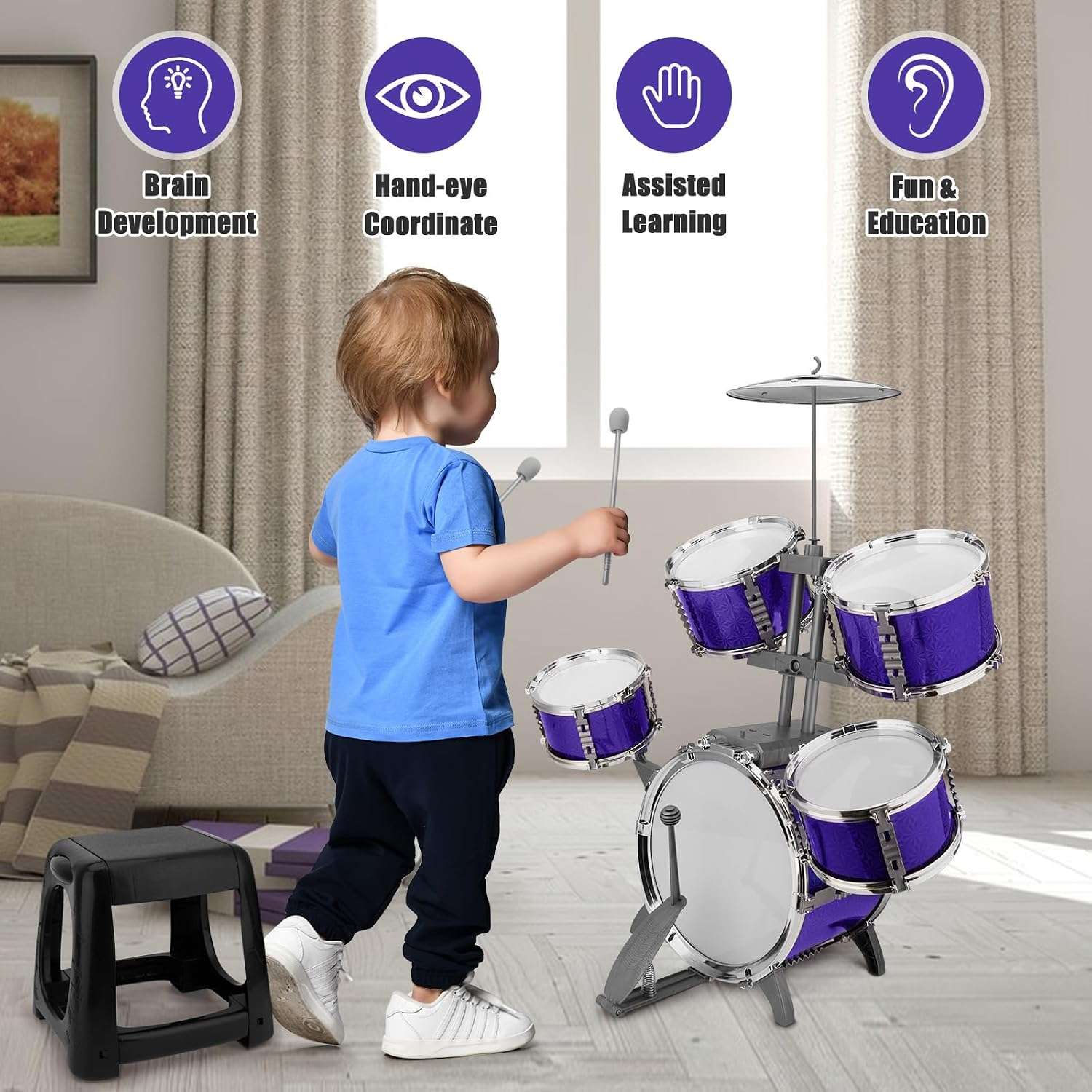 batería de jazz de juguete de 5 piezas con taburete y platillos para niños