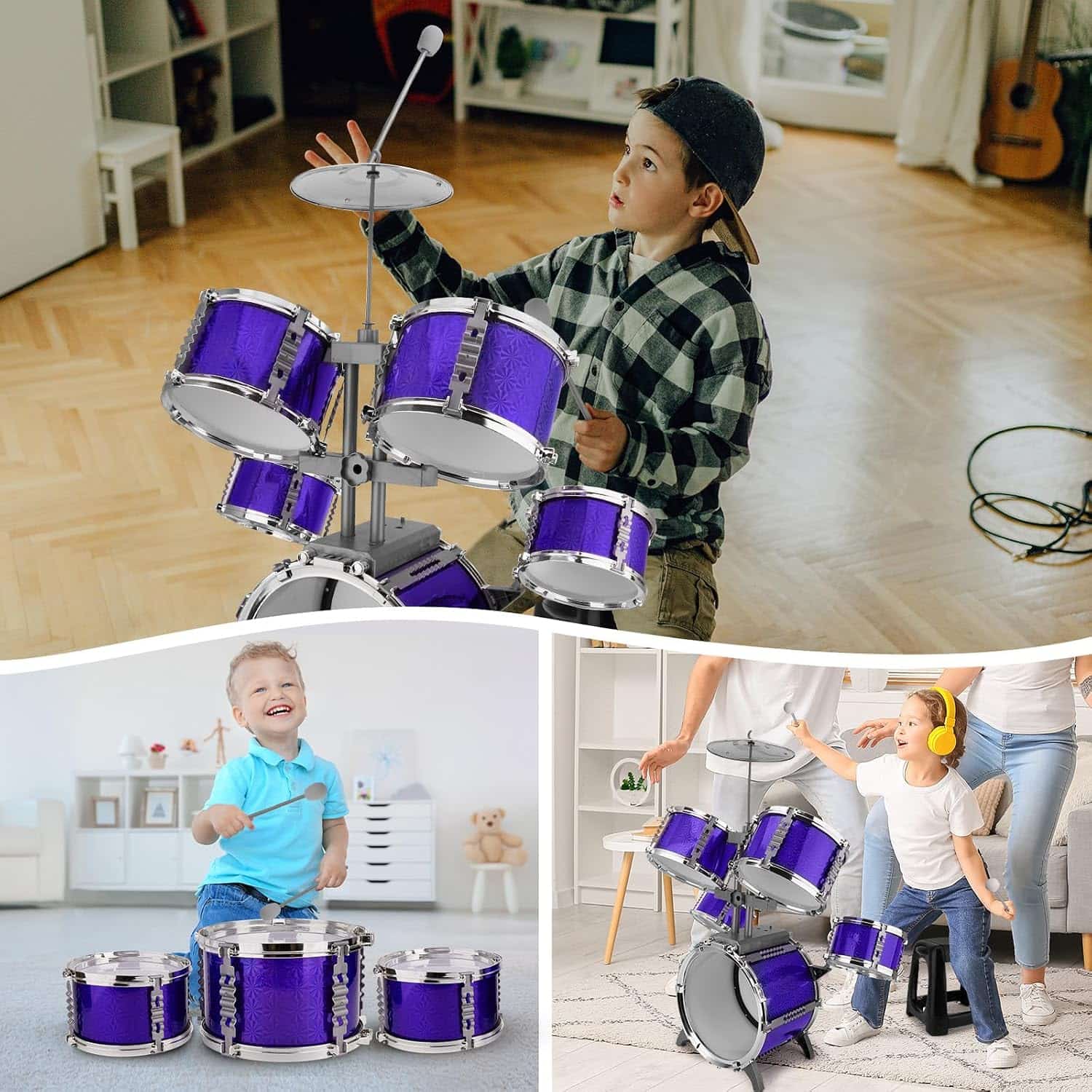 batería de jazz de juguete de 5 piezas con taburete y platillos para niños