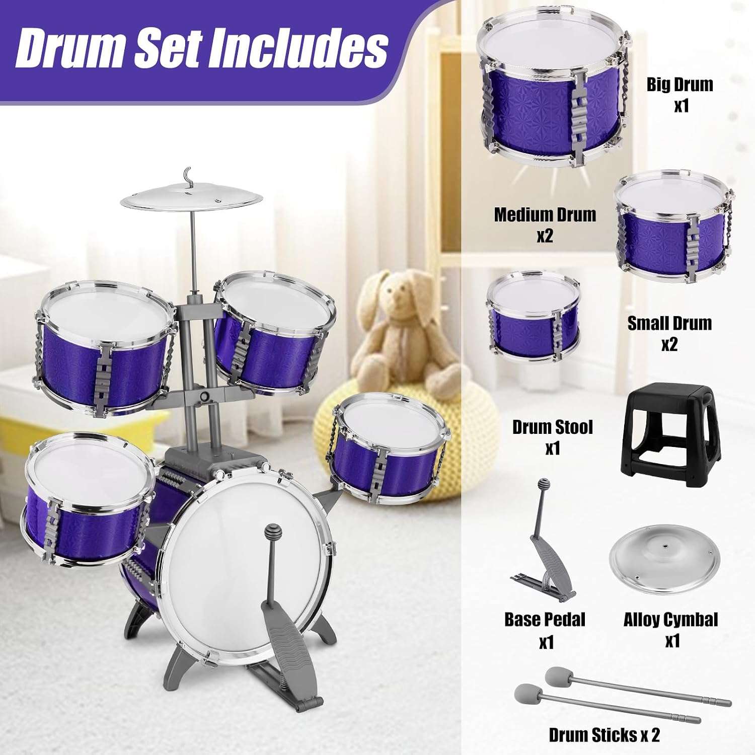 batería de jazz de juguete de 5 piezas con taburete y platillos para niños