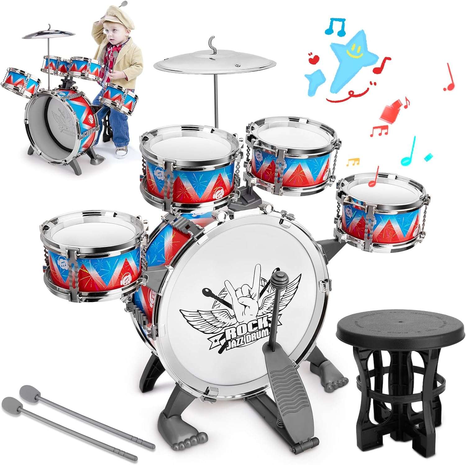 batería de jazz de juguete de 5 piezas con taburete y platillos para niños