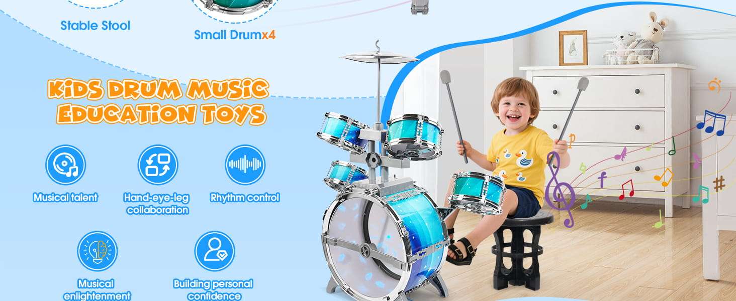 batería de juguete con luces aurora, pedal y taburete para niños pequeños