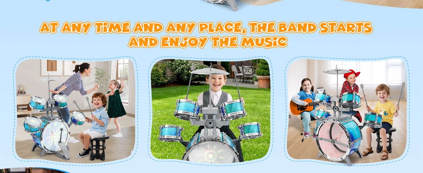 batería de juguete con luces aurora, pedal y taburete para niños pequeños