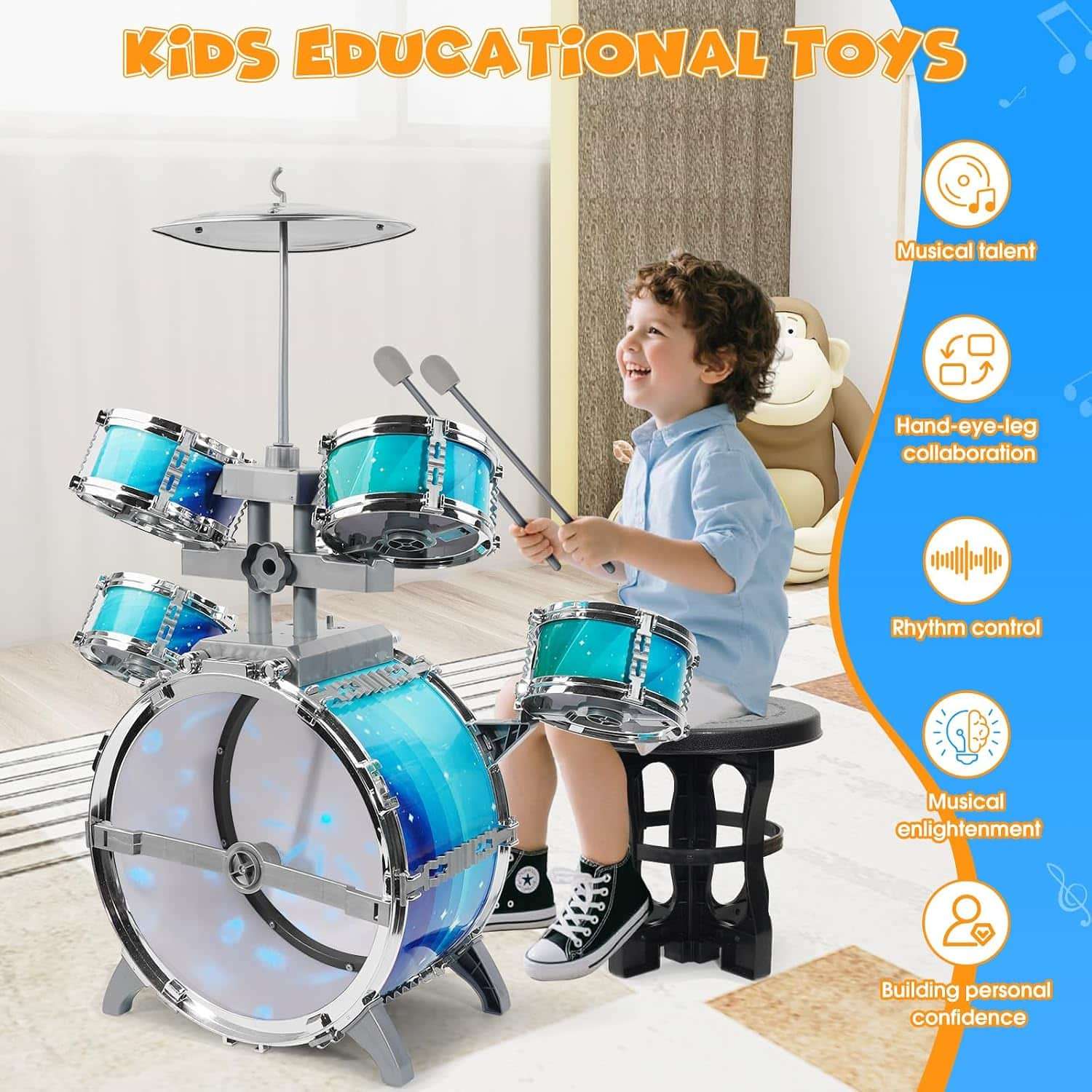 batería de juguete con luces aurora, pedal y taburete para niños pequeños