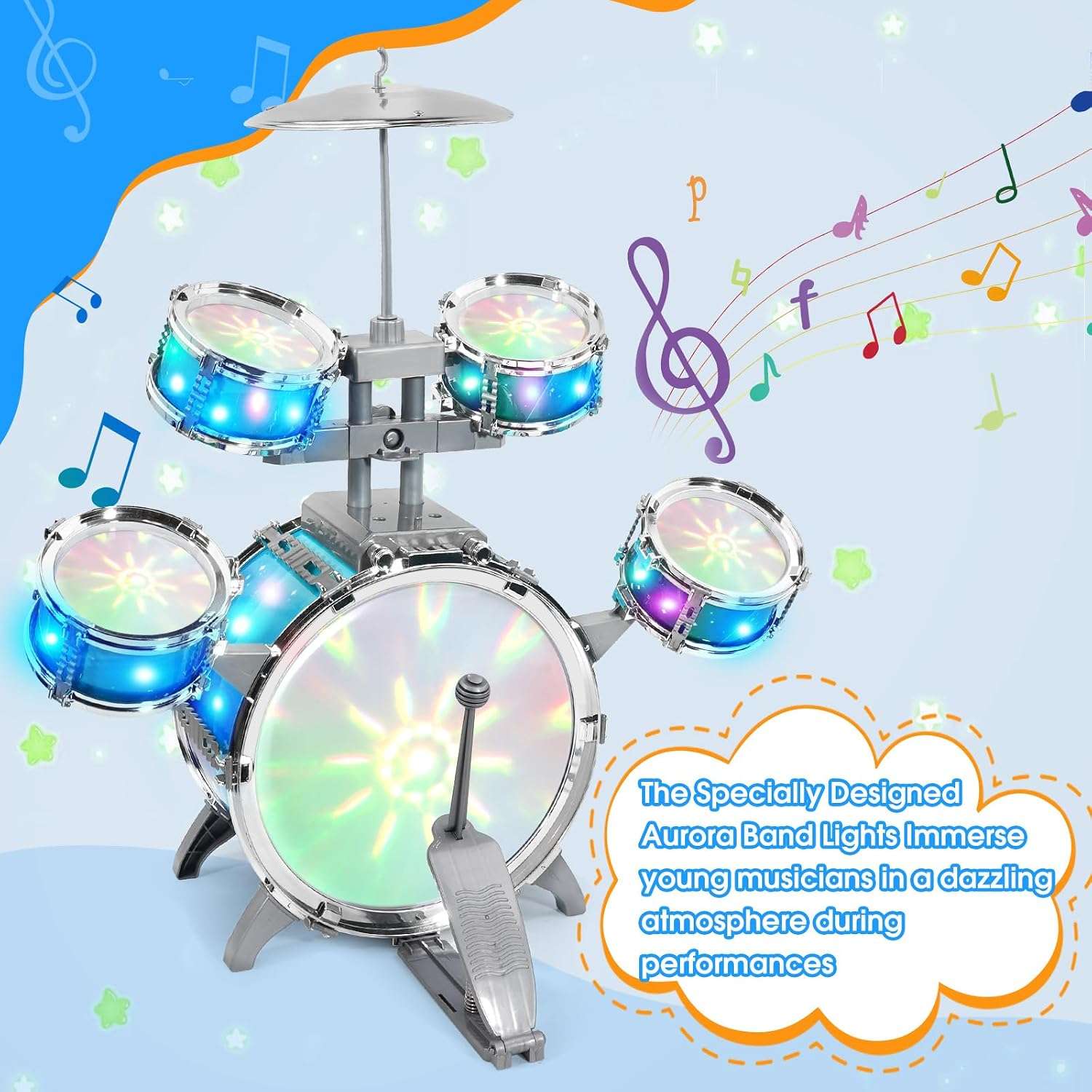batería de juguete con luces aurora, pedal y taburete para niños pequeños