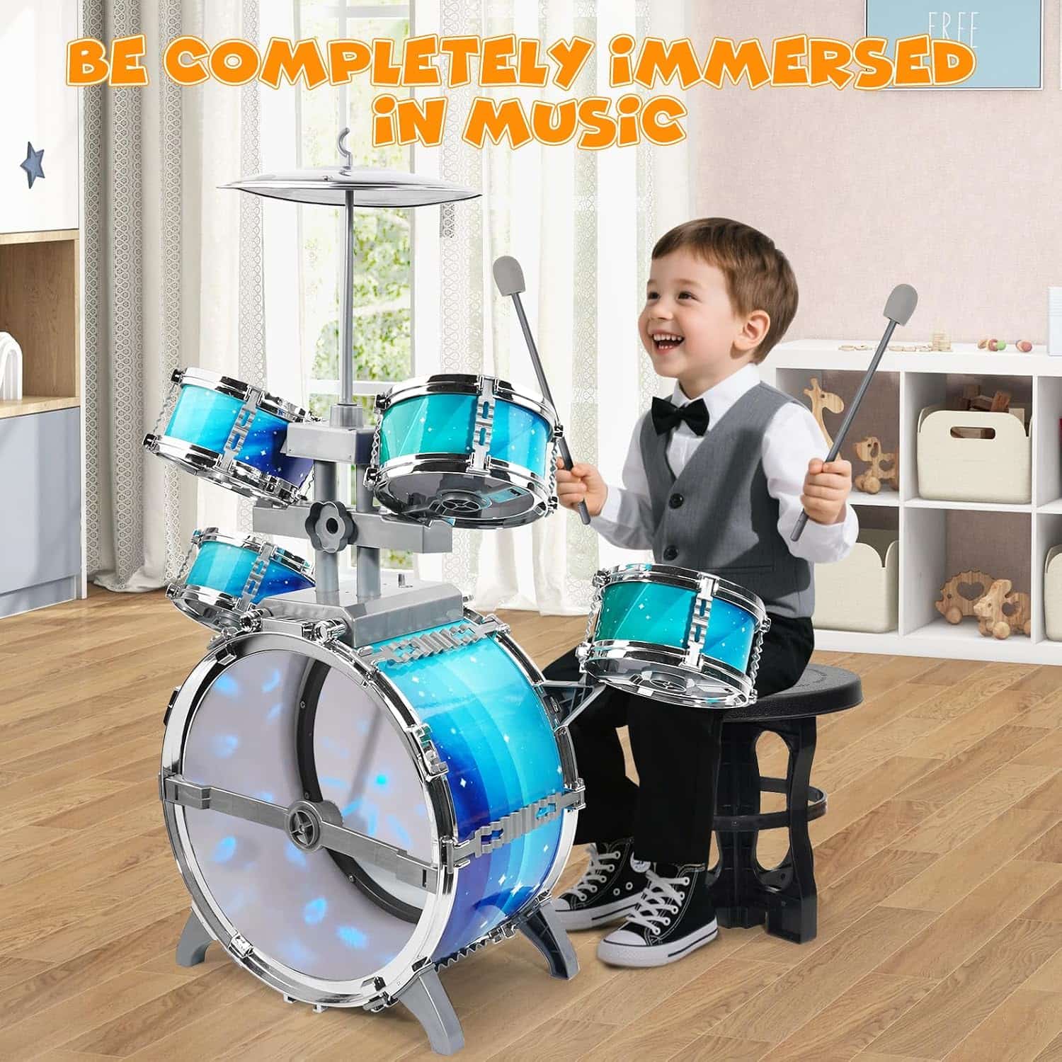 batería de juguete con luces aurora, pedal y taburete para niños pequeños