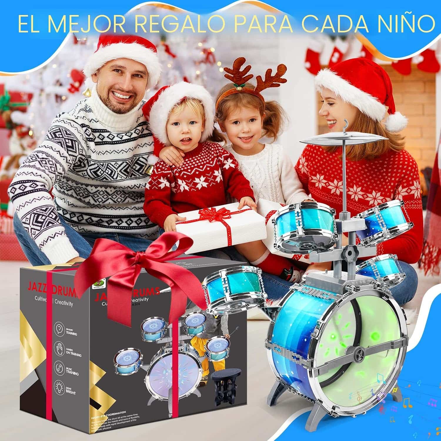 batería de juguete con luces aurora, pedal y taburete para niños pequeños