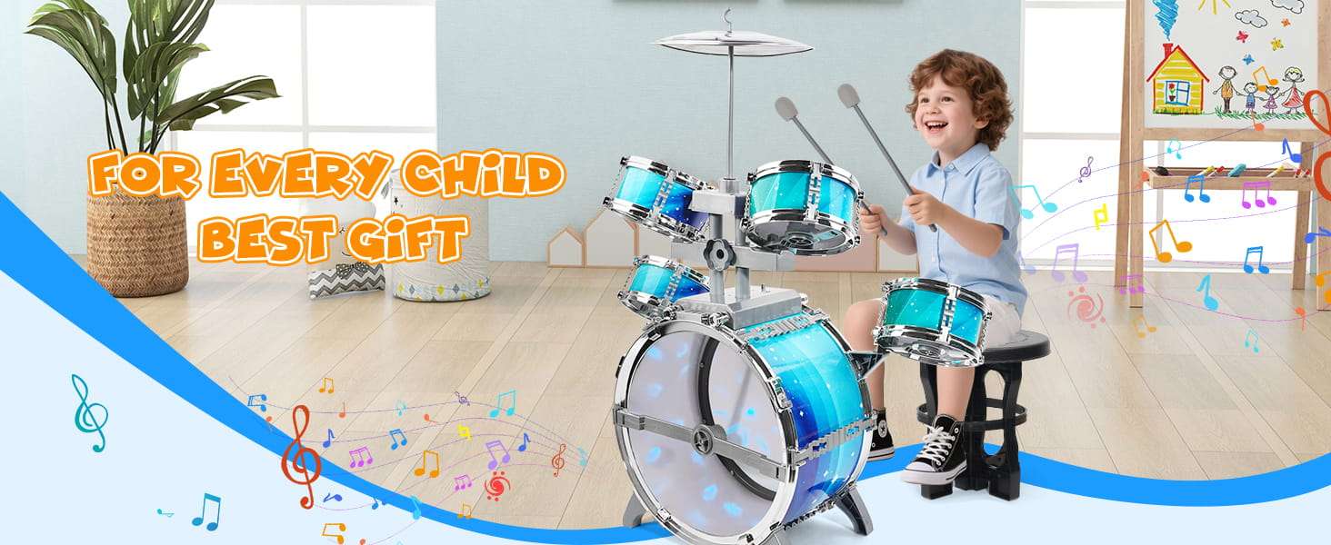 batería de juguete con luces aurora, pedal y taburete para niños pequeños