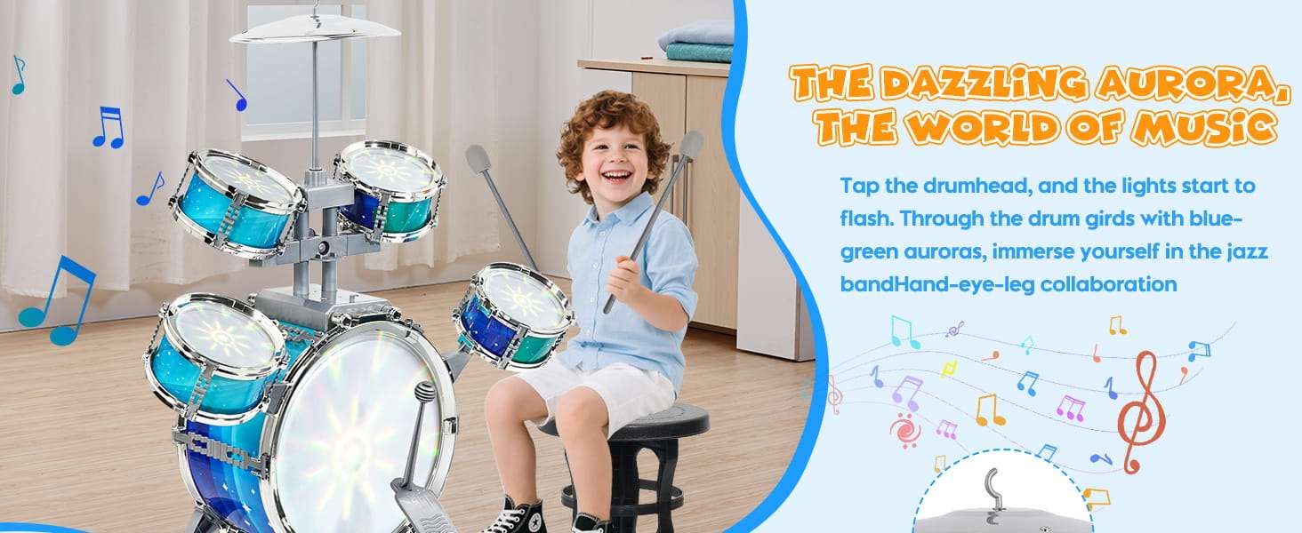 batería de juguete con luces aurora, pedal y taburete para niños pequeños