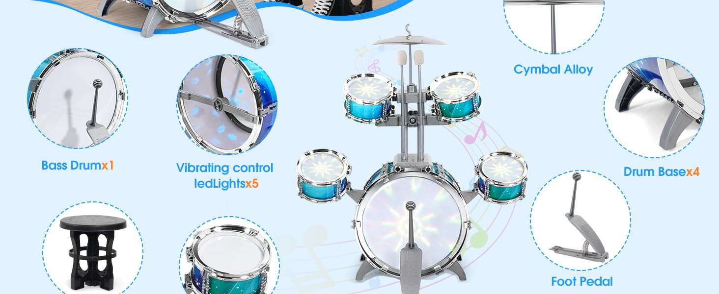 batería de juguete con luces aurora, pedal y taburete para niños pequeños