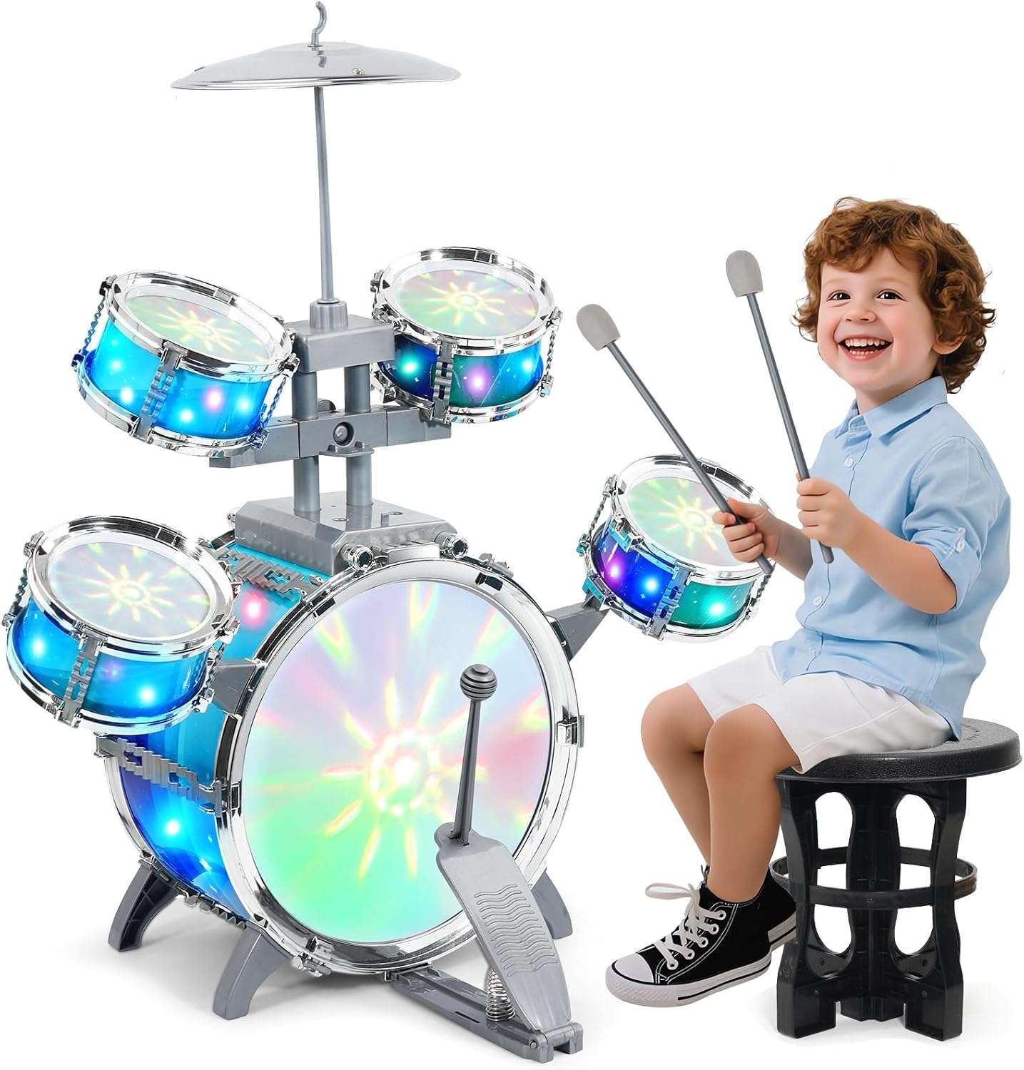 batería de juguete con luces aurora, pedal y taburete para niños pequeños