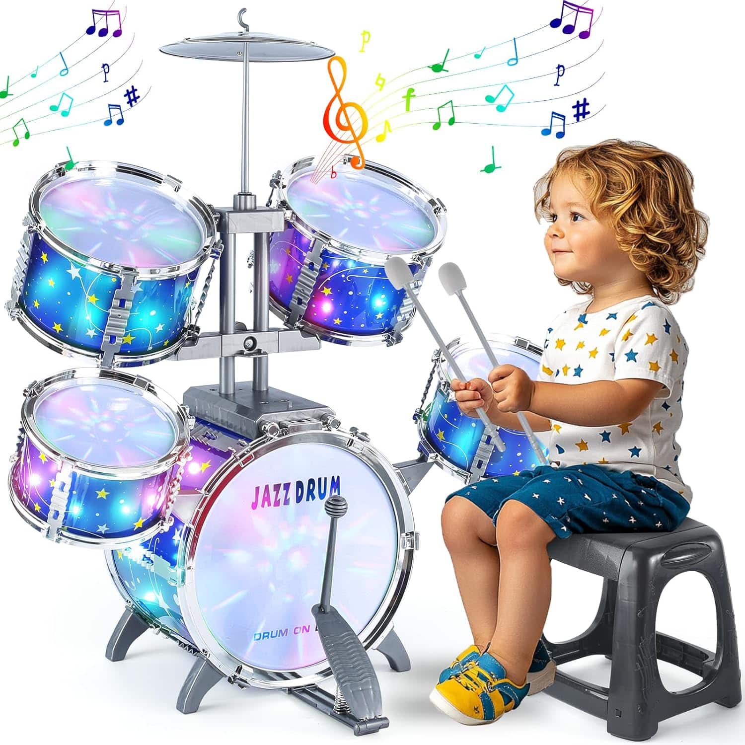 batería de juguete con luces, pedal y silla para niños pequeños