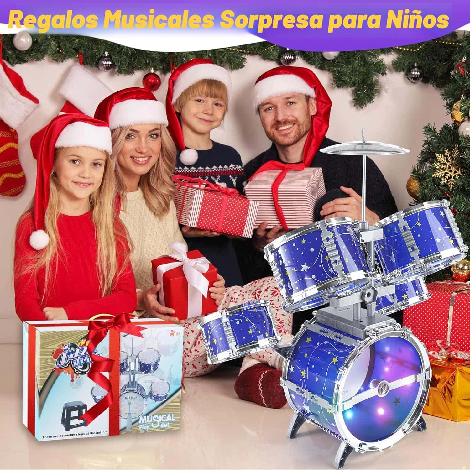batería de juguete con luces, pedal y silla para niños pequeños