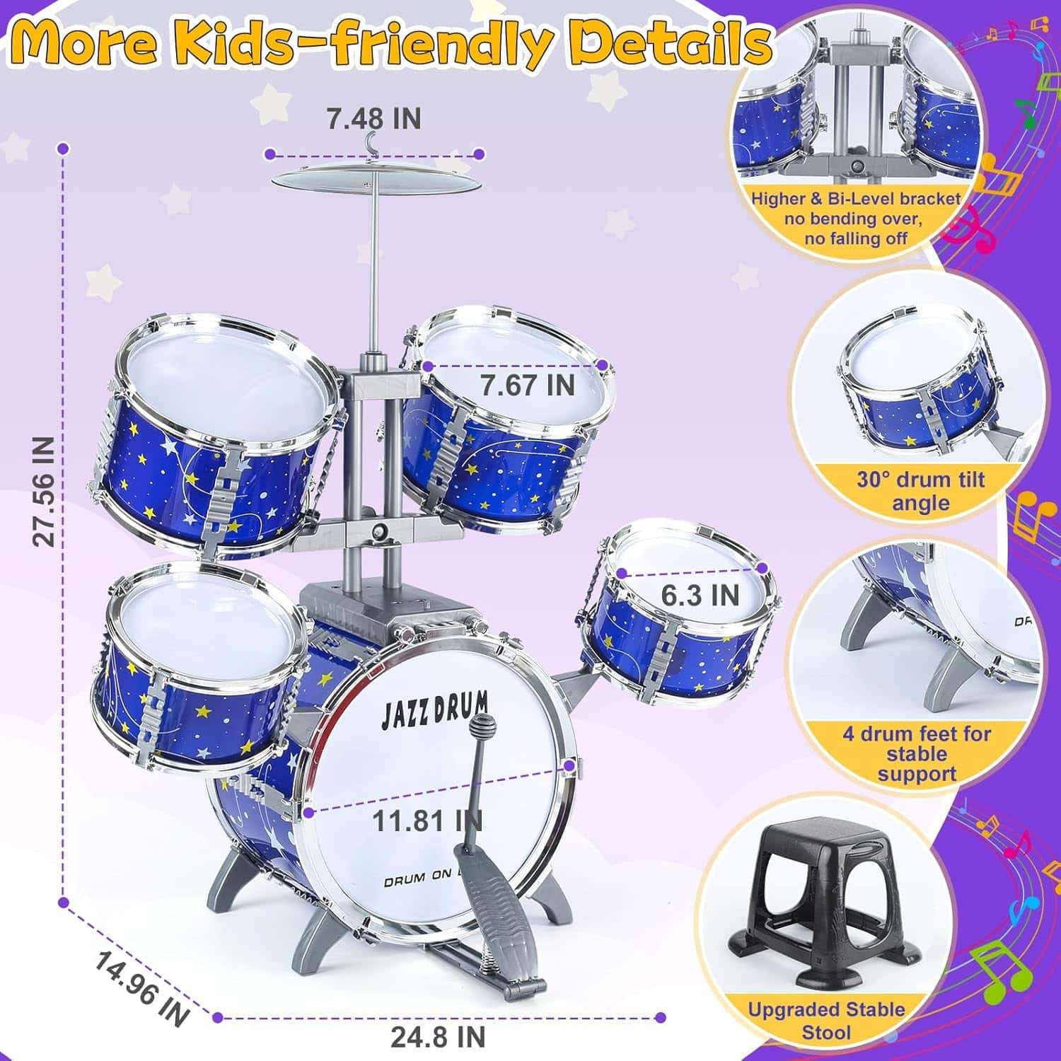 batería de juguete con luces, pedal y silla para niños pequeños
