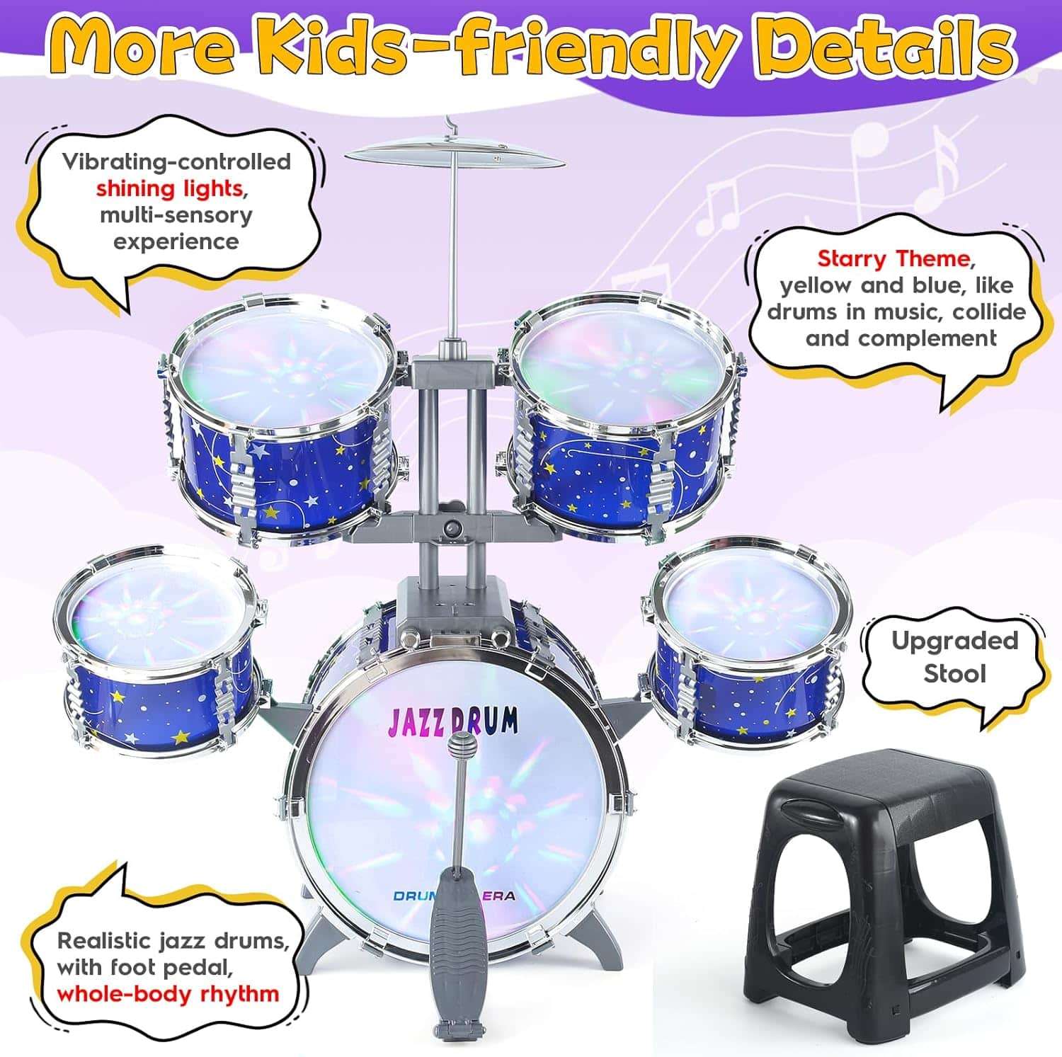 batería de juguete con luces, pedal y silla para niños pequeños