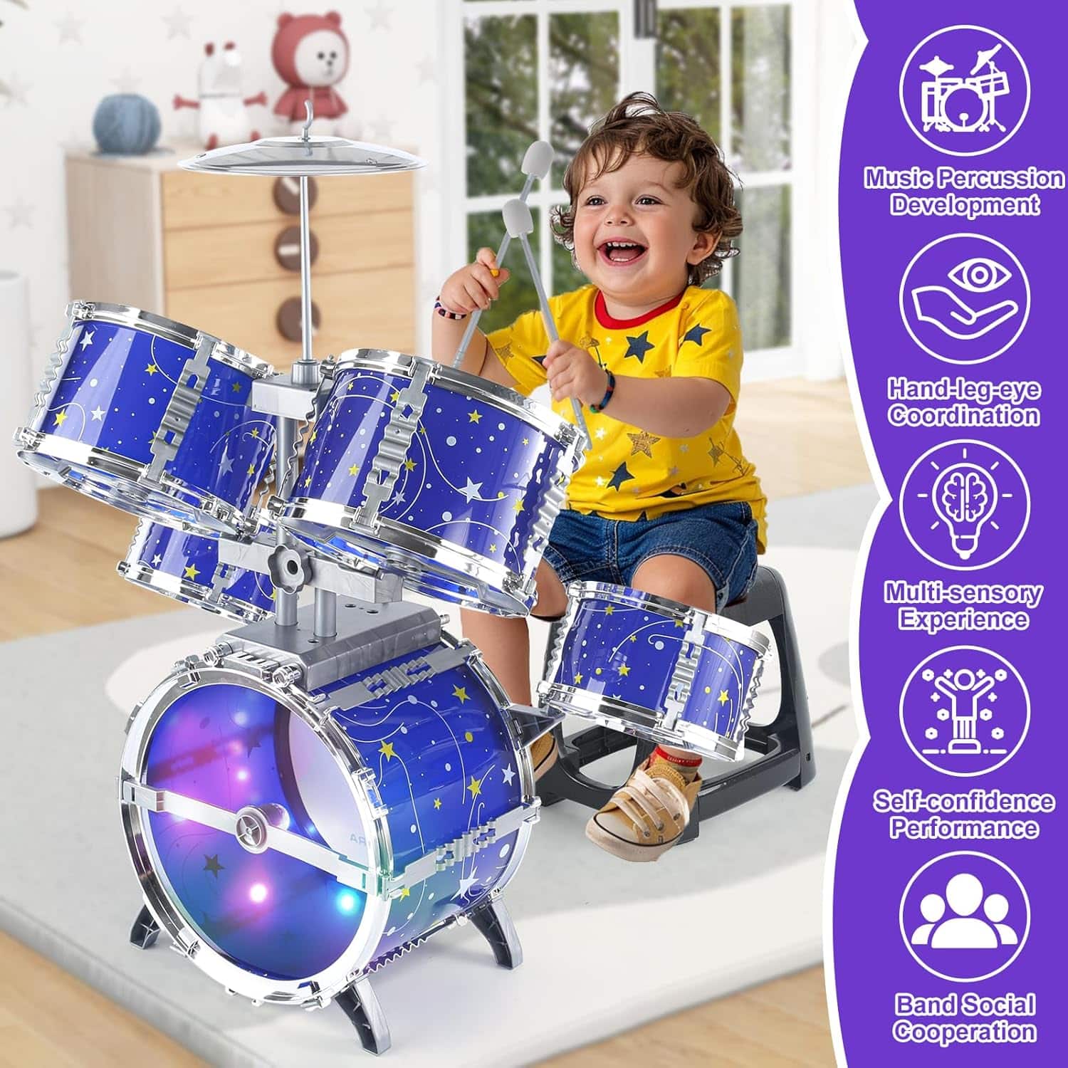 batería de juguete con luces, pedal y silla para niños pequeños