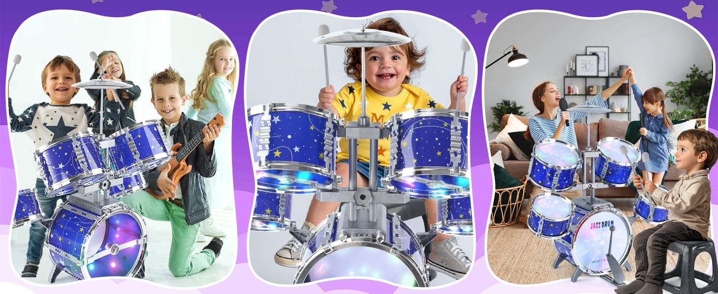 batería de juguete con luces, pedal y silla para niños pequeños