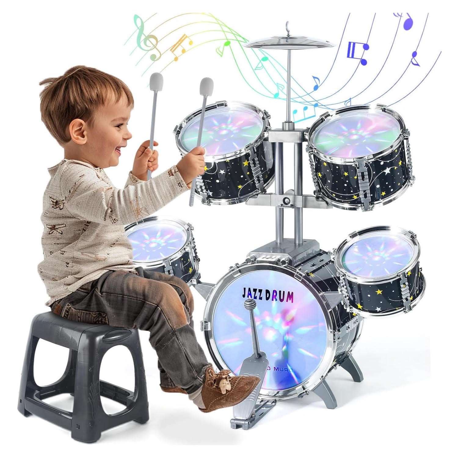 batería de juguete infantil con luces, pedal, taburete y diseño de estrellas para niños