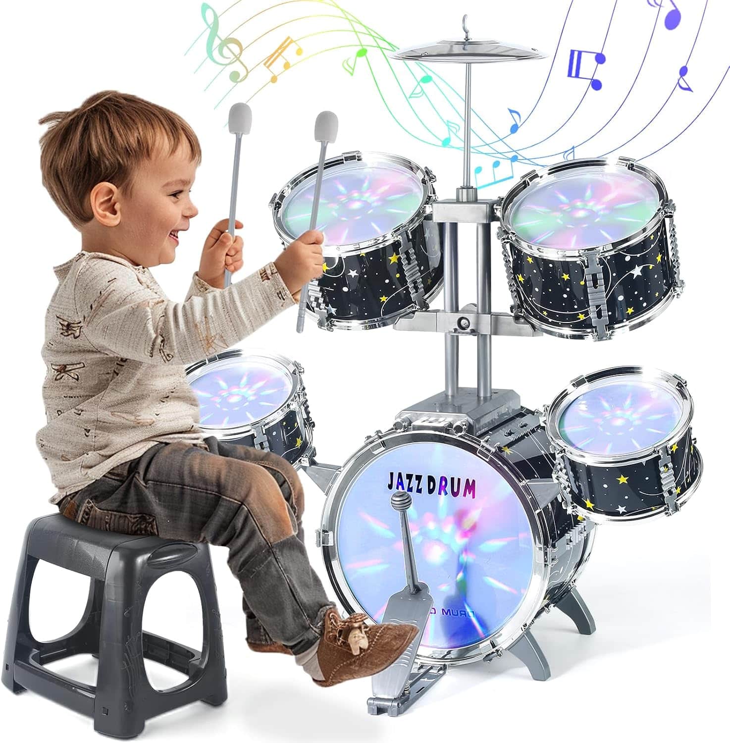 batería de juguete infantil con luces, pedal, taburete y diseño de estrellas para niños