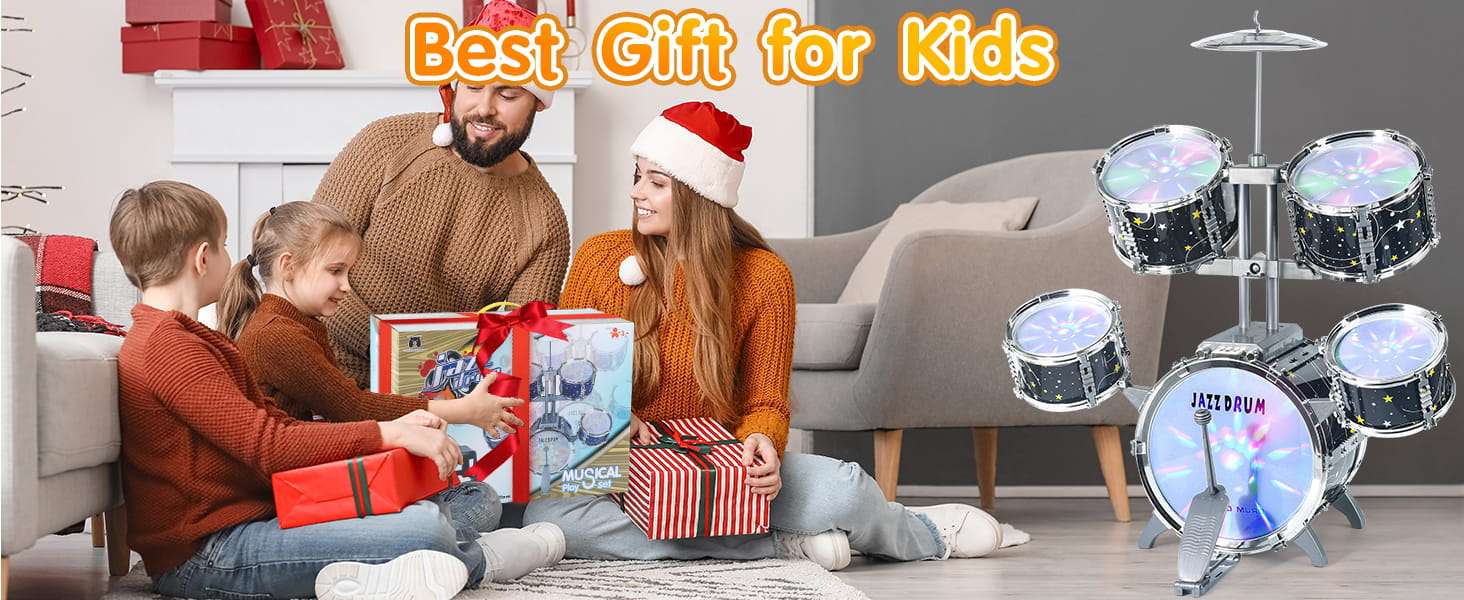 batería de juguete infantil con luces, pedal, taburete y diseño de estrellas para niños
