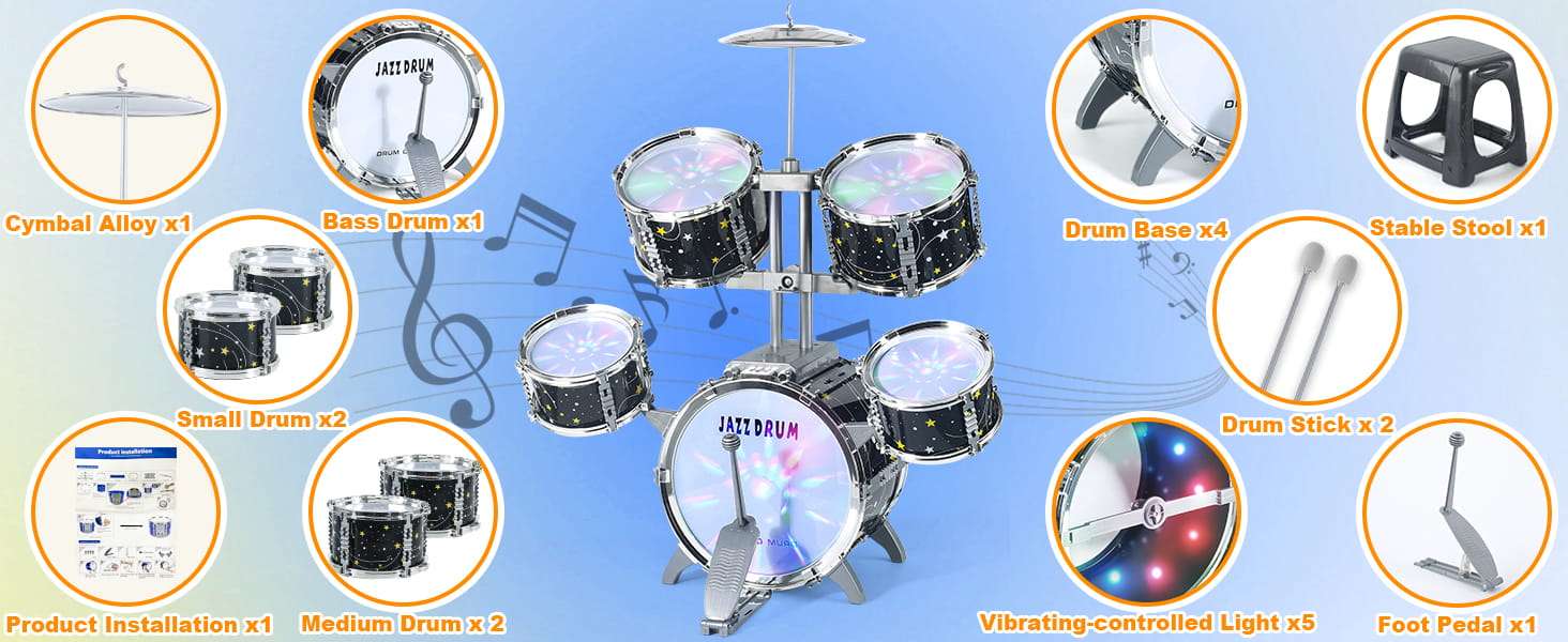 batería de juguete infantil con luces, pedal, taburete y diseño de estrellas para niños