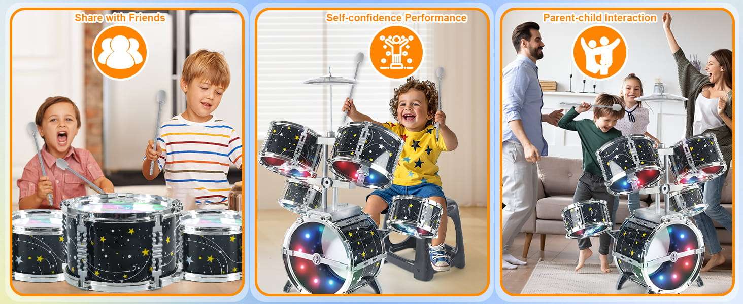 batería de juguete infantil con luces, pedal, taburete y diseño de estrellas para niños