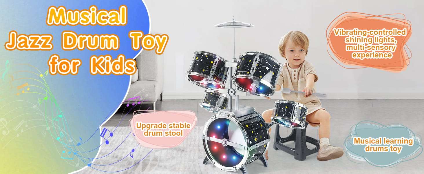 batería de juguete infantil con luces, pedal, taburete y diseño de estrellas para niños